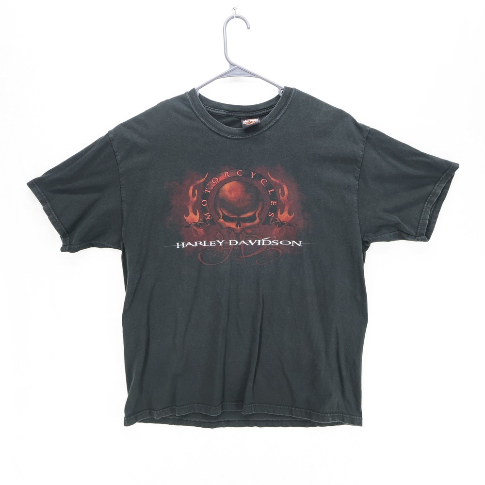 Harley Davidson Mens XL Black Skull Flame Graphic T-Shirt Hanes Beefy-T USA Made